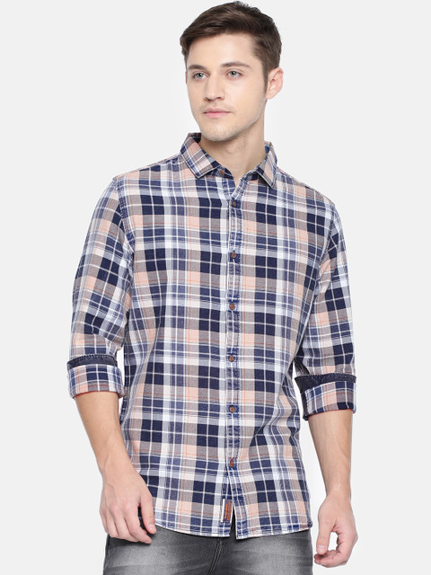 

Being Human Men Blue & Peach-Coloured Regular Fit Checked Casual Shirt
