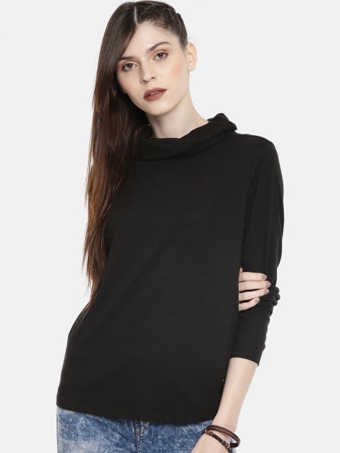 

Roadster Women Black Solid Cowl Neck Boxy T-shirt