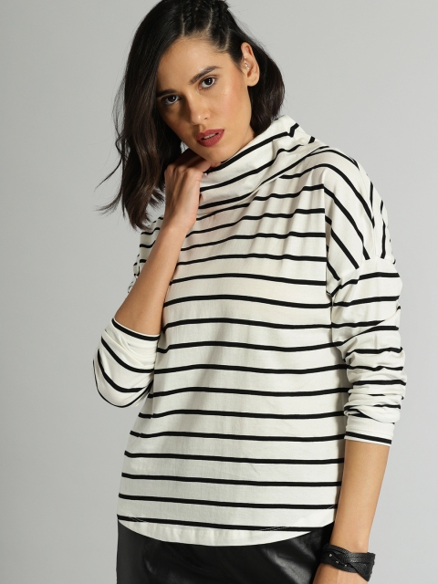 

Roadster Women Off-White & Black Striped Turtle Neck T-shirt
