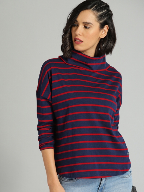 

Roadster Women Navy Blue & Red Striped Turtle Neck T-shirt