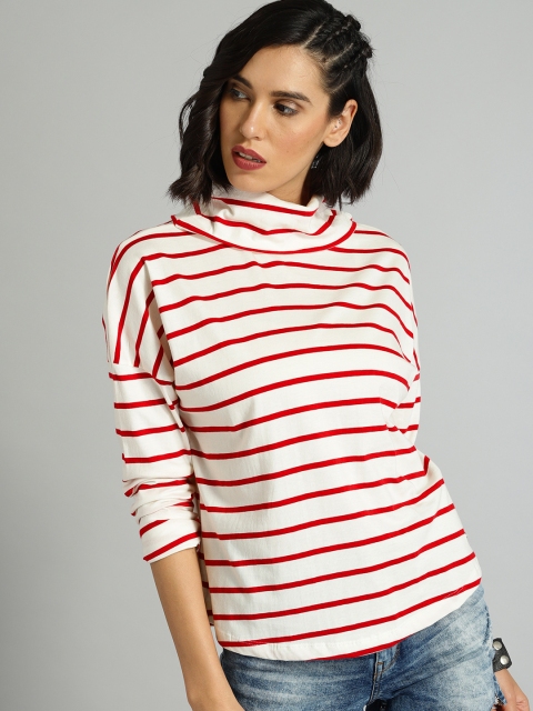 

Roadster Women White & Red Striped Turtle Neck T-shirt