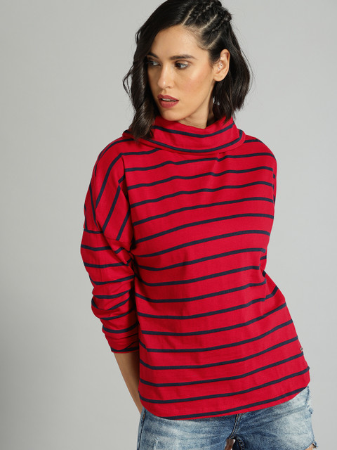 

Roadster Women Red & Navy Blue Striped Turtle Neck T-shirt