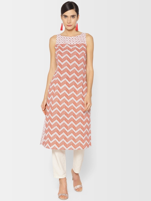

Fabindia Women White & Rust Orange Slim Fit Printed Straight Kurta