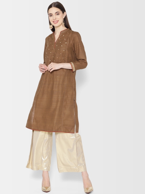 

Fabindia Women Brown Yoke Design Silk A-Line Kurta