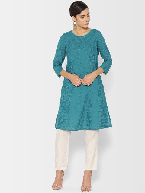 

Fabindia Women Teal Blue Embroidered Slim Fit Straight Kurta