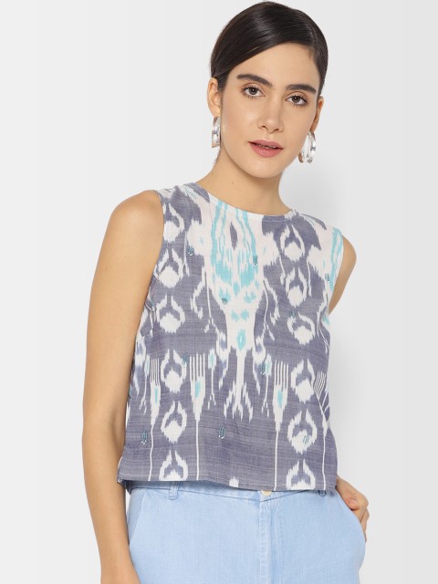 

Fabindia Women White & Blue Ikat Print Hand Embroidered Styled Back Top