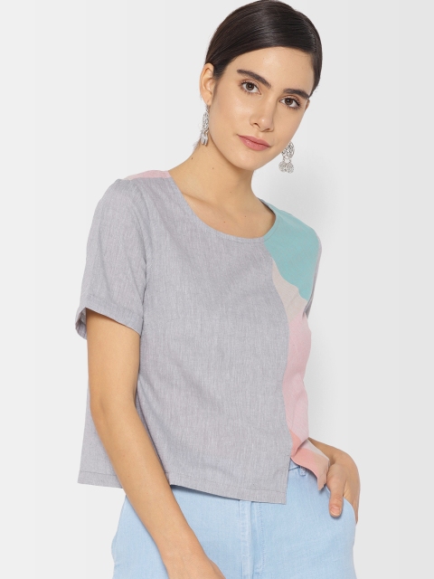 

Fabindia Women Grey & Pink Colourblocked Boxy Pure Cotton Top