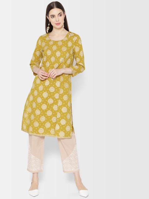 

Fabindia Women Mustard Yellow & White Printed Straight Kurta