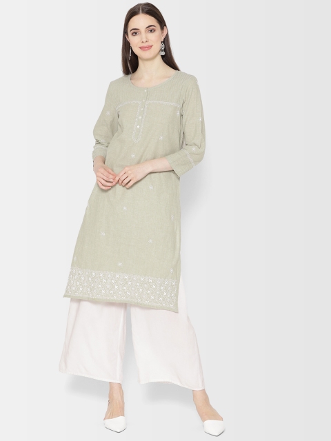 

Fabindia Women Green & White Chikankari Embroidered Straight Kurta