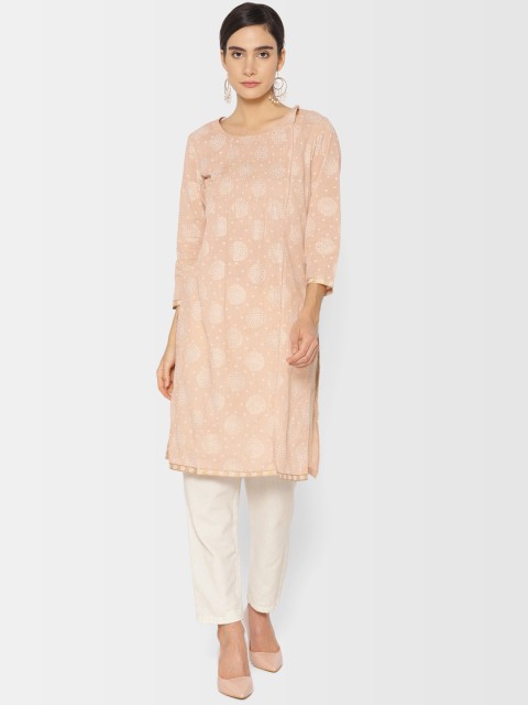 

Fabindia Women Dusty Pink Printed Straight Kurta