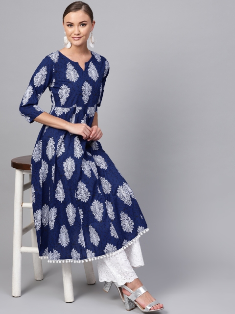 

Indo Era Women Navy Blue & White Printed A-Line Kurta