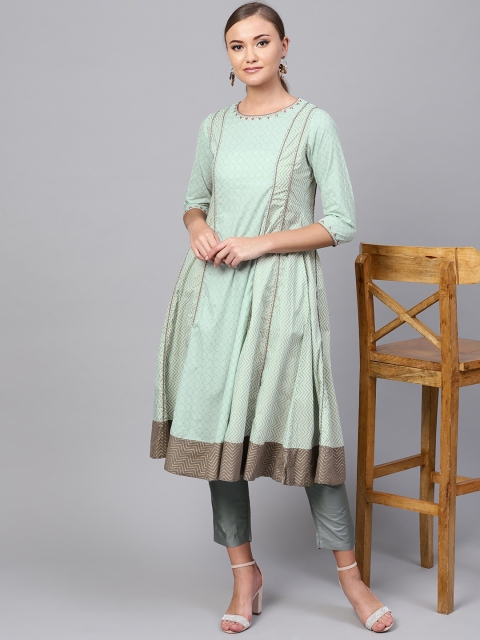 

Indo Era Women Sea Green & Golden Foil Print Anarkali Kurta