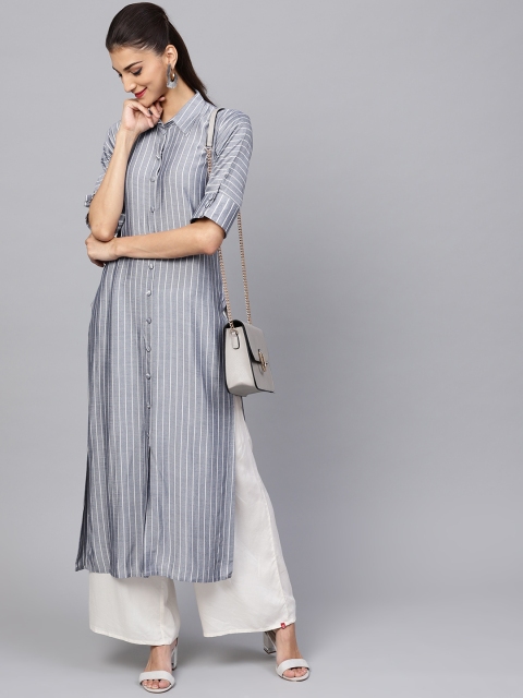 

Indo Era Women Grey & White Striped Straight Kurta