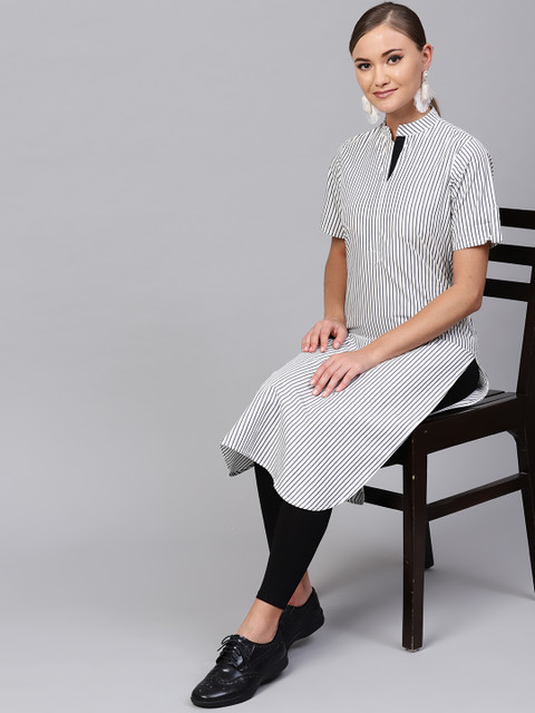 

Indo Era Women White & Navy Blue Striped Straight Kurta