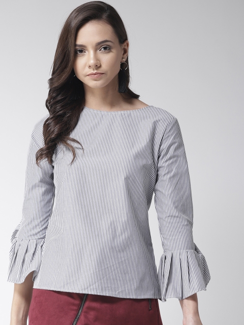 

MISH Women White & Navy Blue Striped Pure Cotton Top