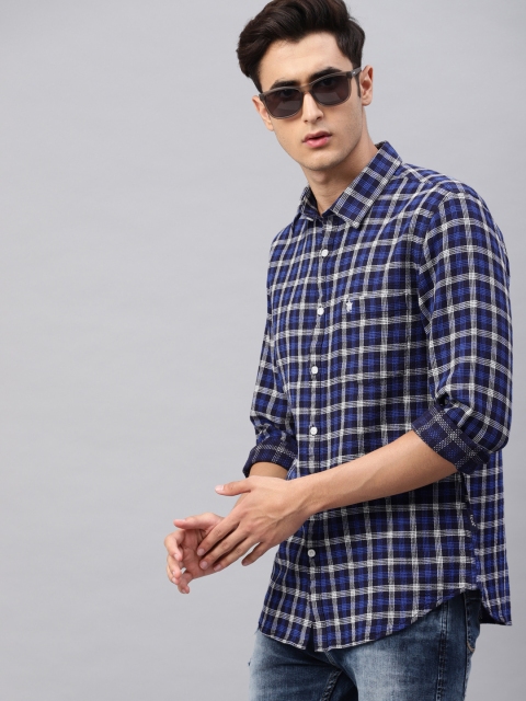 

French Connection Men Blue & White Slim Fit Checked Casual Shirt