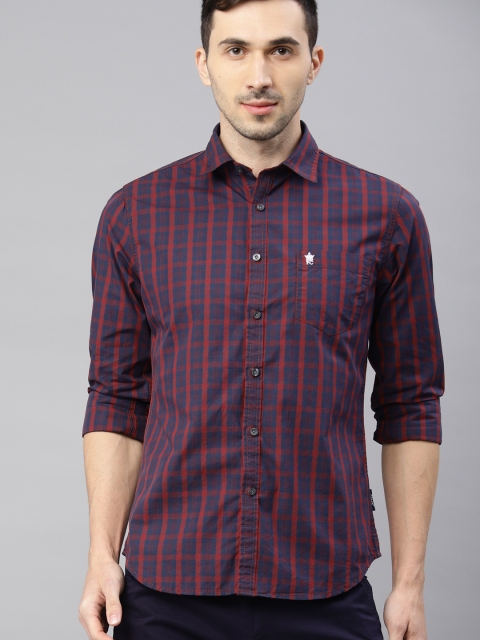 

French Connection Men Navy Blue & Maroon Slim Fit Checked Casual Shirt