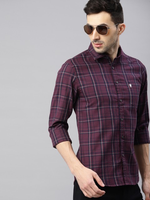 

French Connection Men Burgundy & Navy Blue Slim Fit Checked Casual Shirt