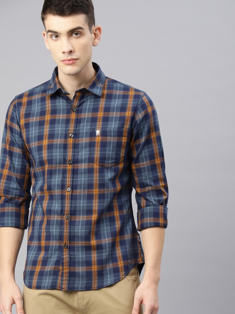 

French Connection Men Mustard & Blue Slim Fit Checked Casual Shirt