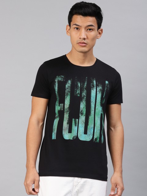 

French Connection Men Black Green Printed Round Neck Pure Cotton T-shirt