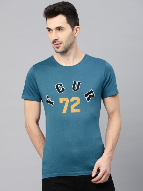 

French Connection Men Teal Blue Printed Round Neck T-shirt