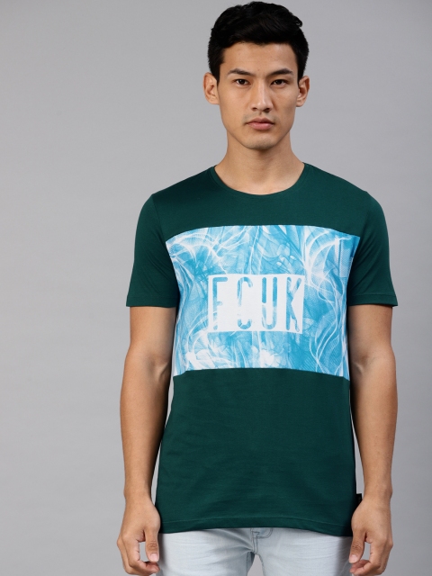 

French Connection Men Green Printed Round Neck Pure Cotton T-shirt