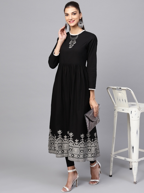 

Indo Era Women Black Solid A-Line Kurta