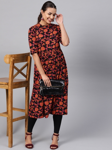 

Indo Era Women Black & Orange Floral Printed A-Line Kurta