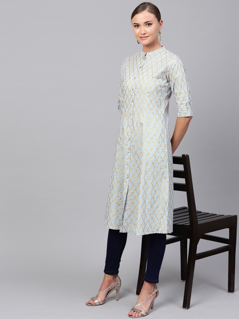 

Indo Era Women Blue & Golden Printed A-Line Kurta