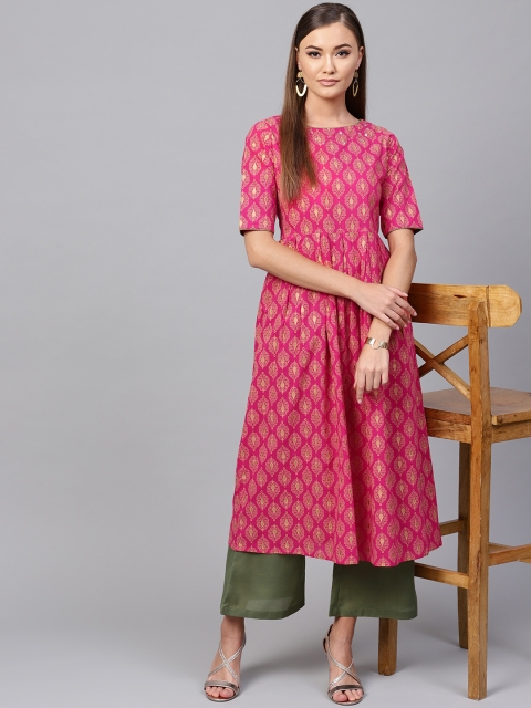 

Indo Era Women Pink & Golden Printed A-Line Kurta