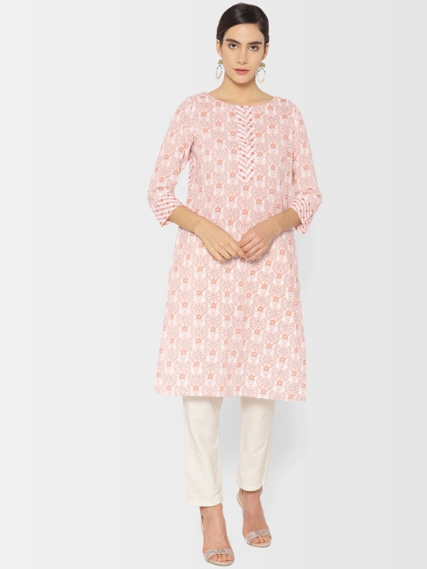 

Fabindia Women White & Peach-Coloured Printed Straight Kurta