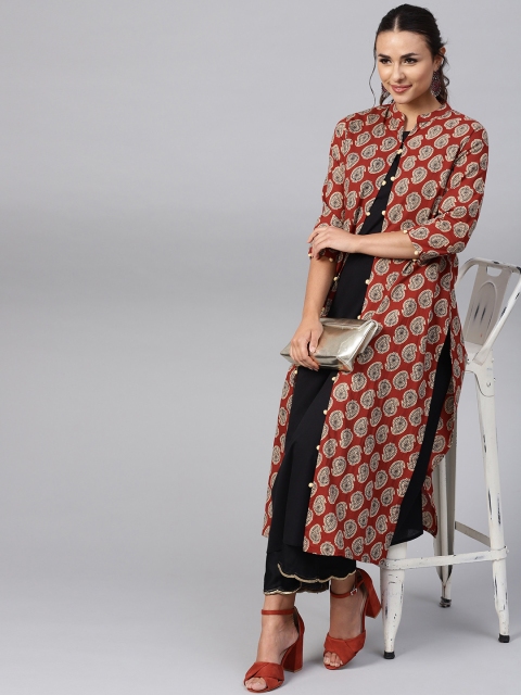 

Indo Era Women Maroon & Black Printed A-Line Kurta with Ethnic Jacket