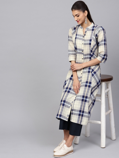 

Indo Era Women Off-White & Navy Blue Checked A-Line Kurta