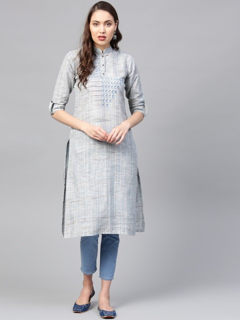 

Indo Era Women Blue & Off-White Woven Design Straight Kurta