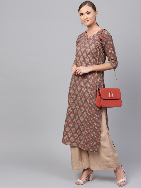 

Indo Era Women Brown & Red Printed Straight Kurta