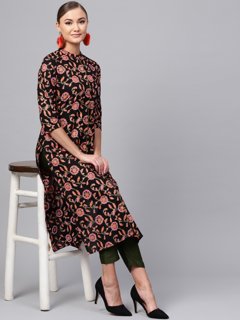 

Indo Era Women Black & Orange Printed Straight Kurta