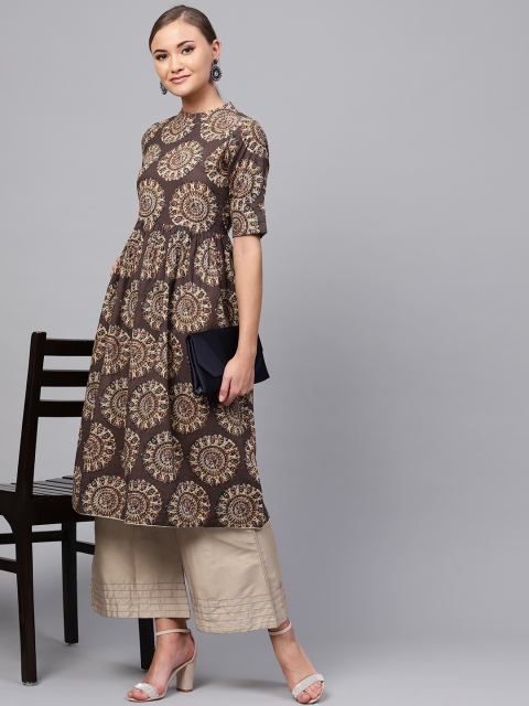 

Indo Era Women Brown & Cream-Coloured Printed A-Line Kurta