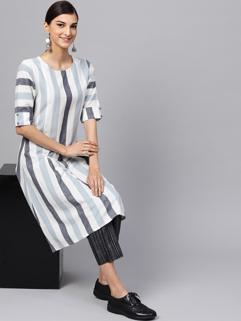

Indo Era Women White & Blue Striped A-Line Kurta