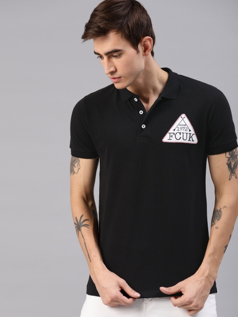 

French Connection Men Black Solid Polo Collar Pure Cotton T-shirt
