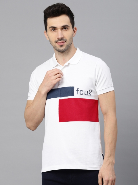 

French Connection Men White & Red Colourblocked Polo Collar T-shirt