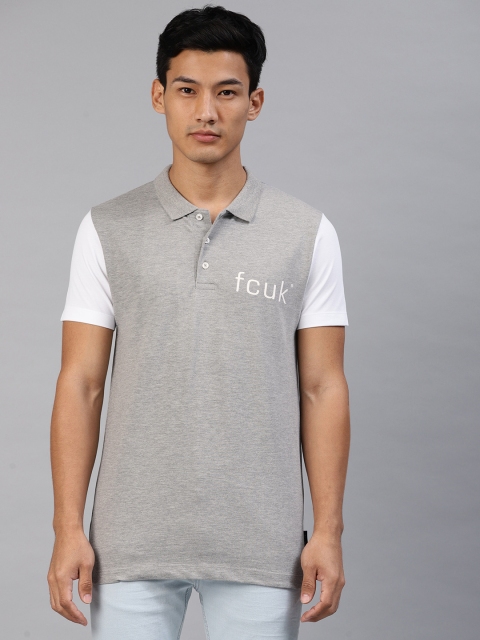 

French Connection Men Grey Melange Solid Polo Collar T-shirt