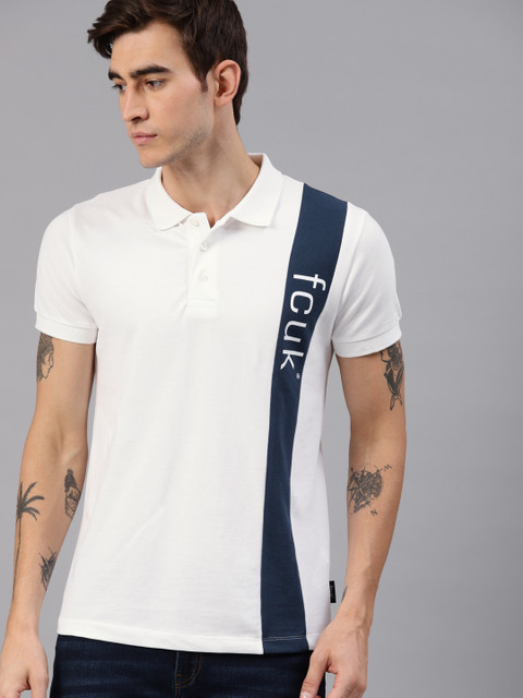 

French Connection Men White & Navy Blue Colourblocked Polo Collar T-shirt