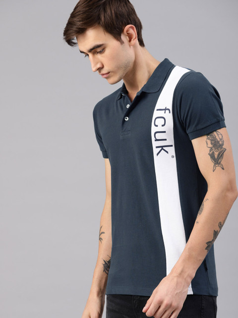 

French Connection Men Navy Blue & White Colourblocked Polo Collar T-shirt
