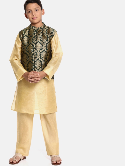 

YK Boys Gold-Coloured Solid Kurta Set with Green Brocade Nehru Jacket