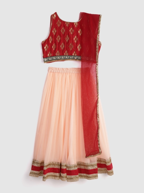 

YK Girls Peach-Coloured & Red Ready to Wear Lehenga & Blouse with Dupatta