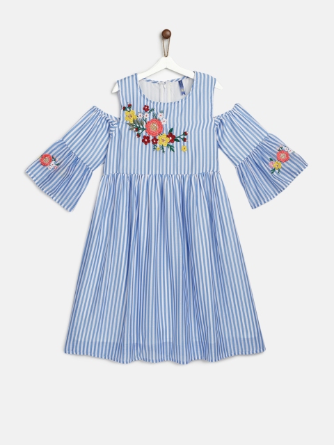 

YK Girls White & Blue Striped Fit and Flare Dress