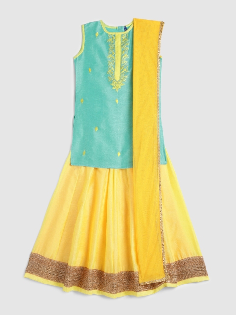 

YK Girls Light Green & Yellow Ready to Wear Lehenga & Blouse with Dupatta