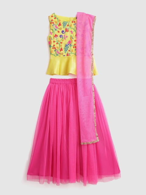 

YK Girls Pink & Yellow Embroidered Ready to Wear Lehenga & Blouse with Dupatta