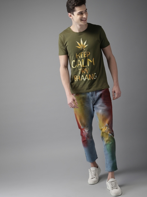 

HERE&NOW Men Olive Green Printed Holi T-shirt