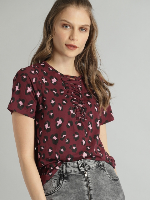 

Roadster Women Burgundy & Pink Animal Printed Top